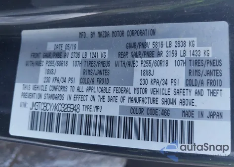 2019 Mazda Cx-9 Touring z USA, uszkodzony, nr VIN JM3TCBCYXK0326948